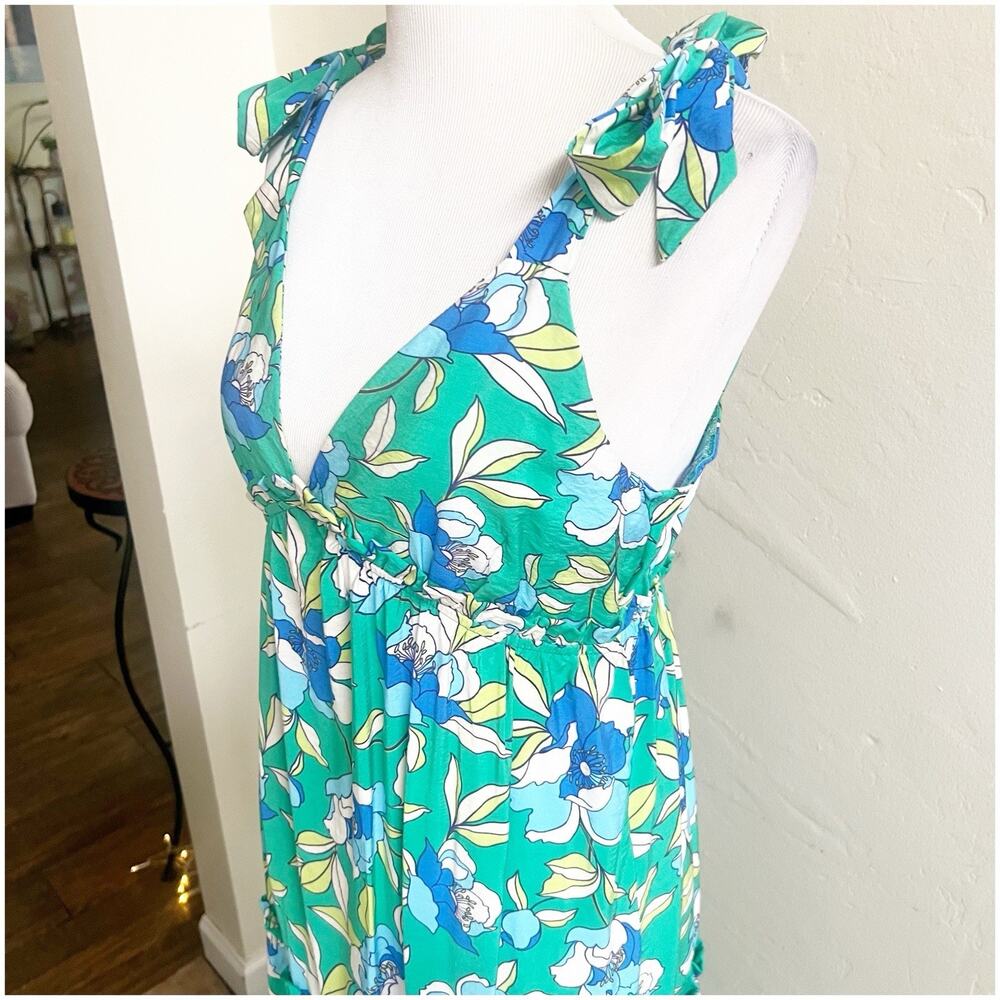 Monteau Los Angeles Floral Tiered Maxi Dress Green Size Large V-Neck Bohemian - Picture 14 of 14